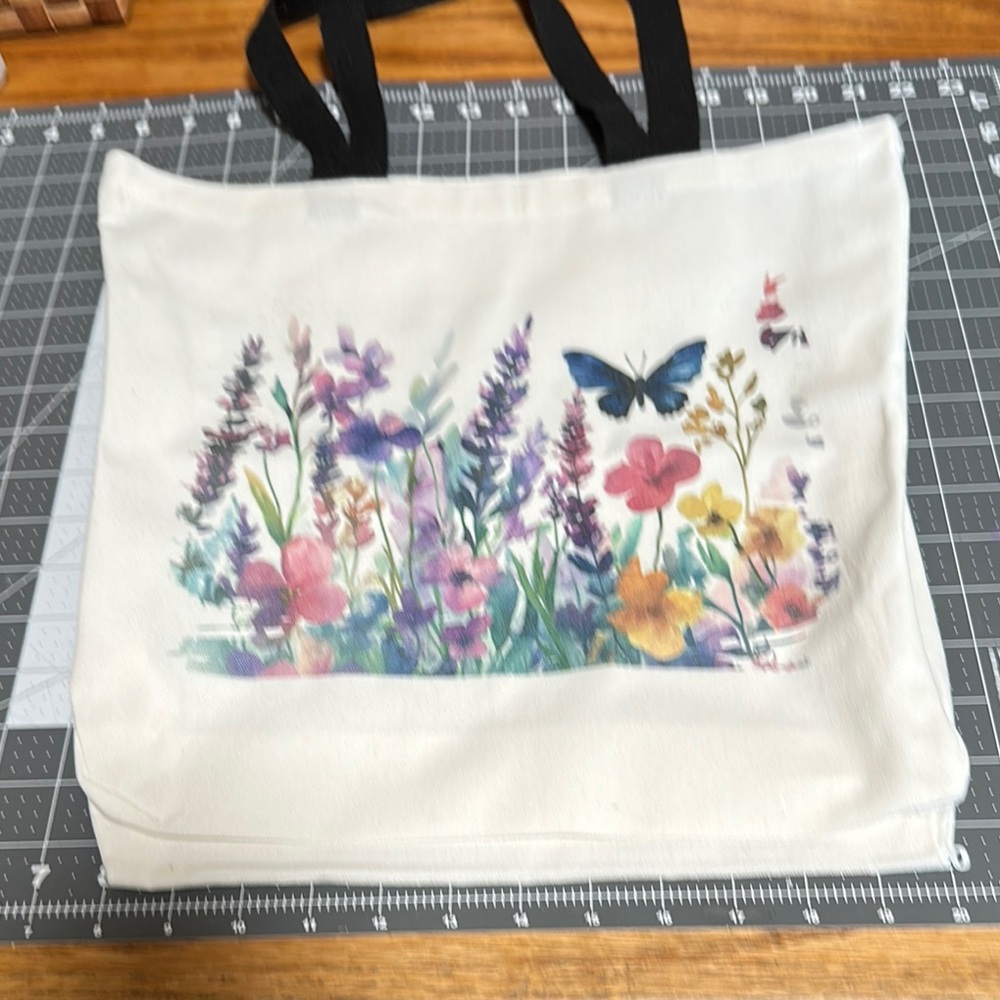Floral Canvas Tote Bag with Black Handles
